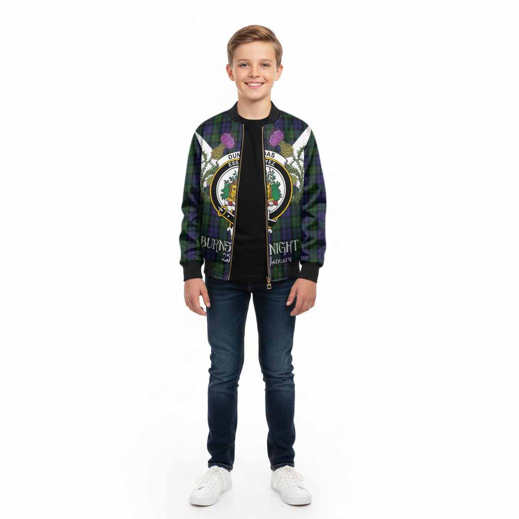 Dundas Tartan Family Crest Kid Bomber Jacket Scottish Burns Night Thistle Floral
