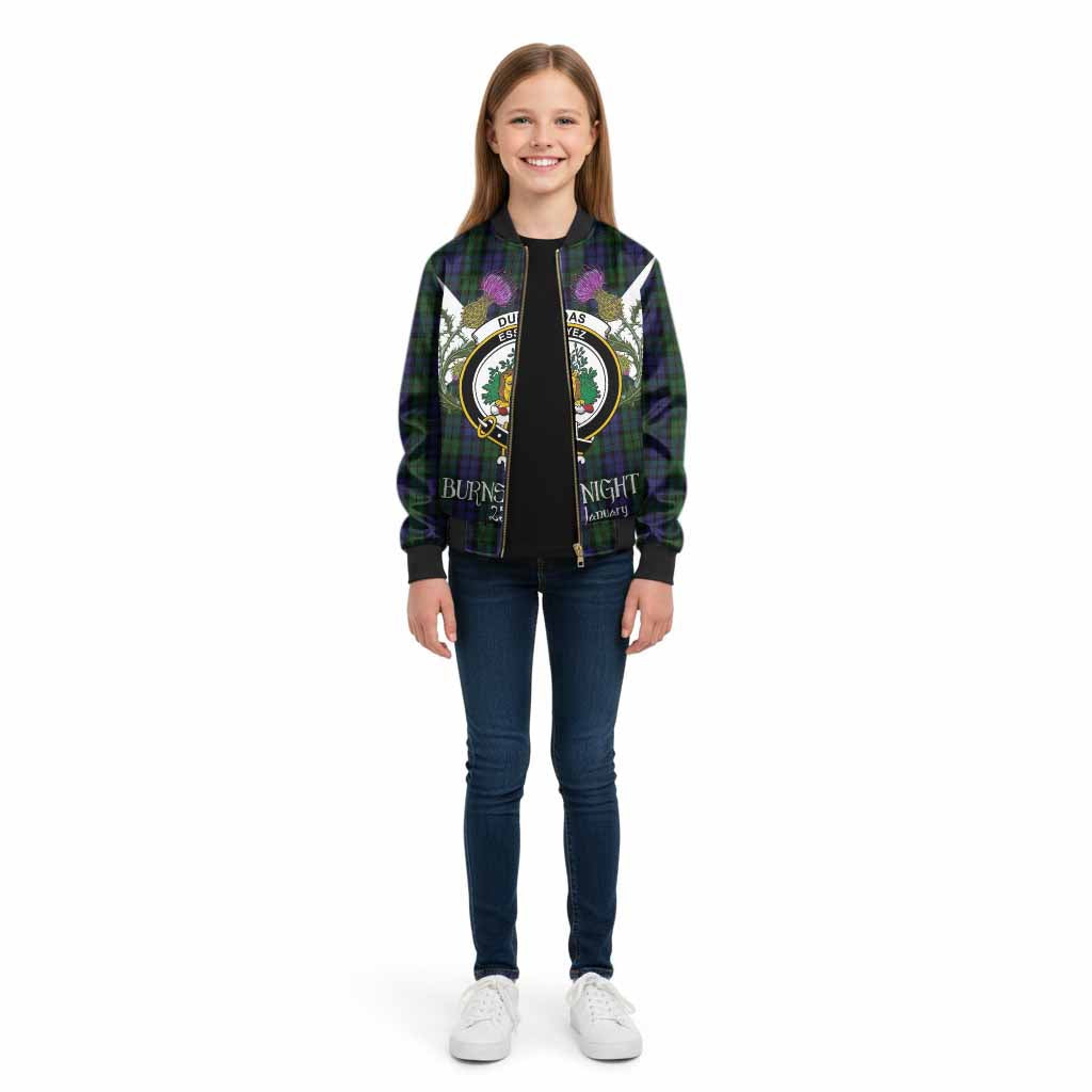 Dundas Tartan Family Crest Kid Bomber Jacket Scottish Burns Night Thistle Floral