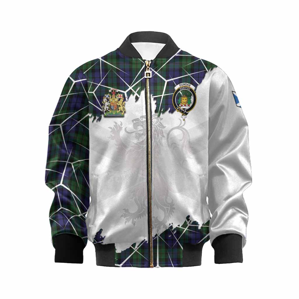 Dundas Tartan Kid Bomber Jacket with Family Crest and Lion Rampant Grunge Style