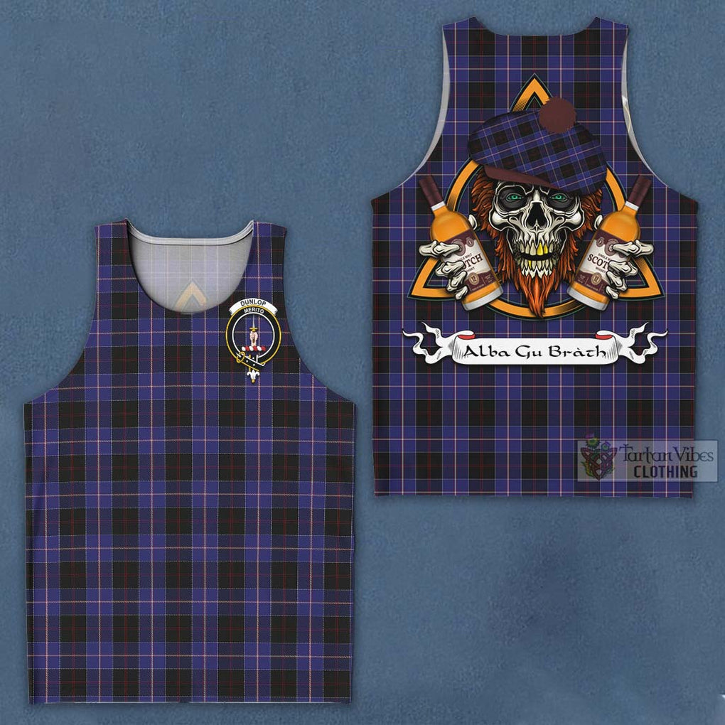 Tartan Vibes Clothing Dunlop Tartan Men's Tank Top with Family Crest and Bearded Skull Holding Bottles of Whiskey