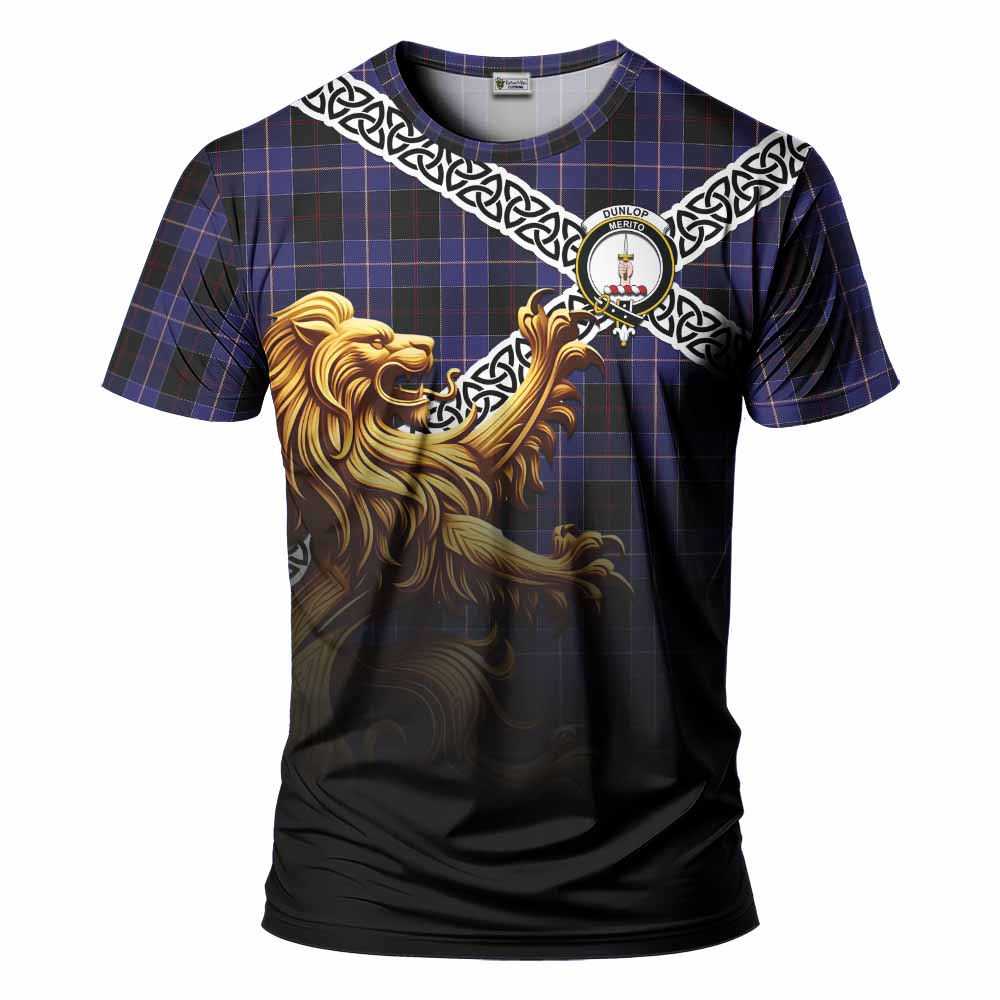 Tartan Vibes Clothing Dunlop Crest Tartan T-Shirt with Golden Lion Emblem Celtic Style