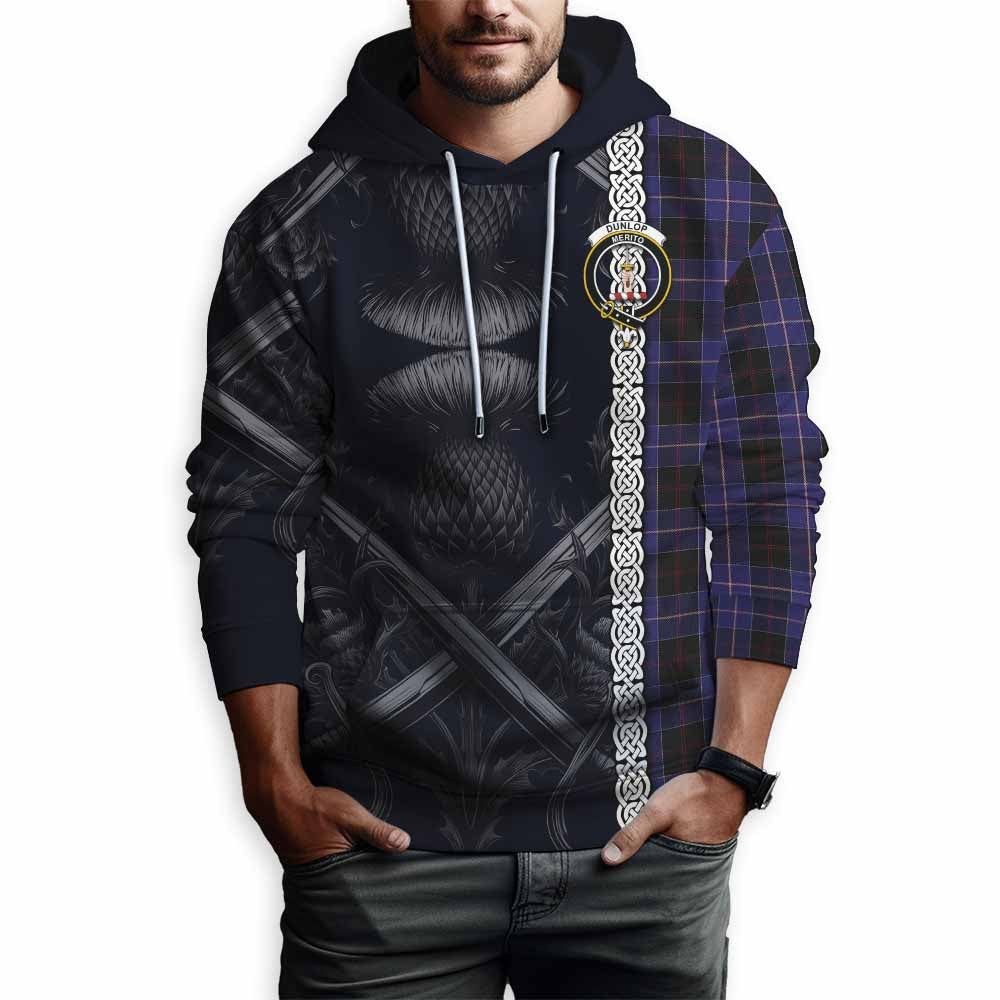Tartan Vibes Clothing Dunlop Tartan Hoodie with Family Crest Cross Sword Thistle Celtic Vibes