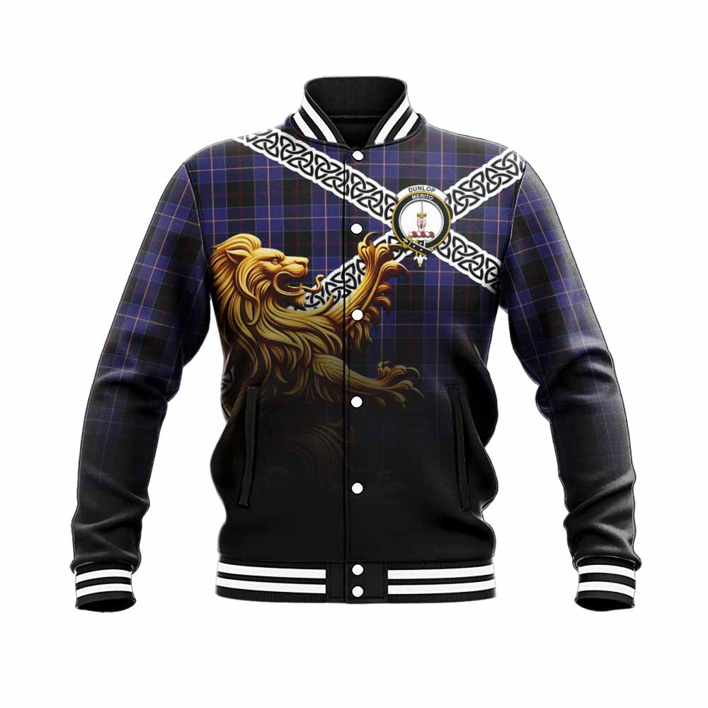 Tartan Vibes Clothing Dunlop Crest Tartan Baseball Jacket with Golden Lion Emblem Celtic Style