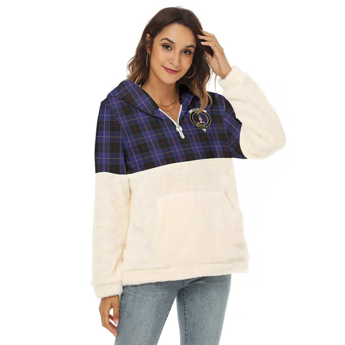 Dunlop Tartan Women's Borg Fleece Hoodie With Half Zip with Family Crest Female - Tartan Vibes Clothing