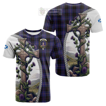 Tartan Vibes Clothing Dunlop Tartan Cotton T-shirt with Family Crest and St. Andrew's Cross Accented by Thistle Vines