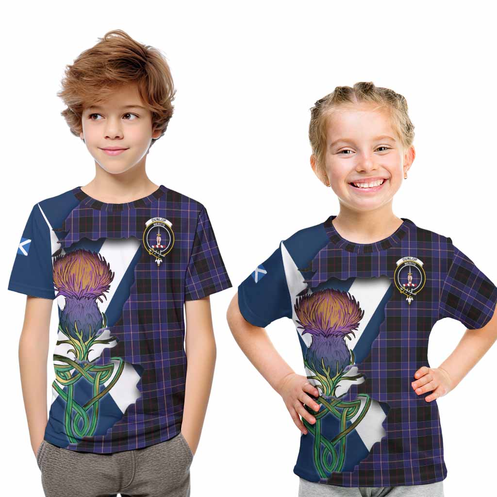 Tartan Vibes Clothing Dunlop Tartan Family Crest Kid T-Shirt Scottish Thistle Celtic Inspired