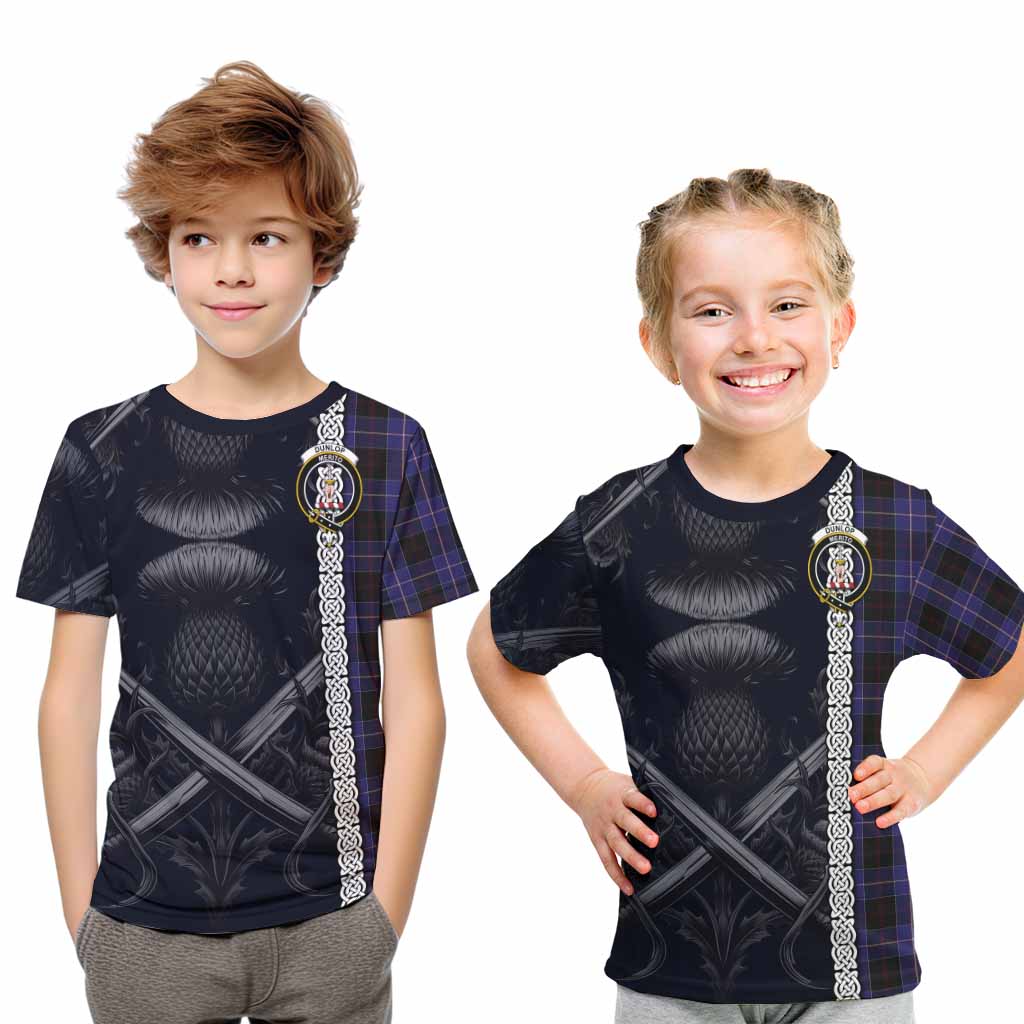 Tartan Vibes Clothing Dunlop Tartan Kid T-Shirt with Family Crest Cross Sword Thistle Celtic Vibes