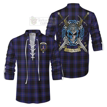 Dunlop Tartan Ghillie Kilt Shirt with Family Crest Celtic Skull Style