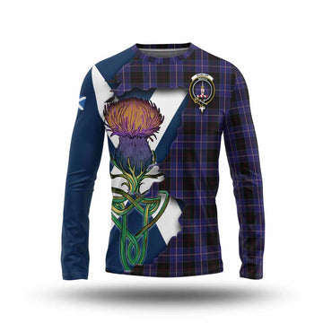Tartan Vibes Clothing Dunlop Tartan Family Crest Long Sleeve T-Shirt Scottish Thistle Celtic Inspired