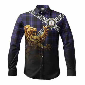 Dunlop Crest Tartan Long Sleeve Button Shirt with Golden Lion Emblem Celtic Style
