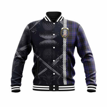 Dunlop Tartan Baseball Jacket with Family Crest Cross Sword Thistle Celtic Vibes