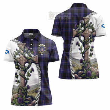 Tartan Vibes Clothing Dunlop Tartan Women's Polo Shirt with Family Crest and St. Andrew's Cross Accented by Thistle Vines