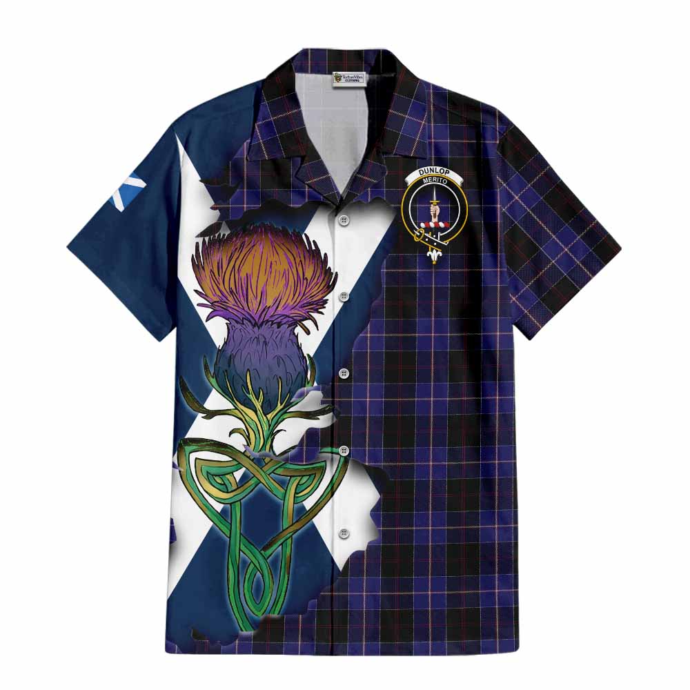 Tartan Vibes Clothing Dunlop Tartan Family Crest Short Sleeve Button Shirt Scottish Thistle Celtic Inspired