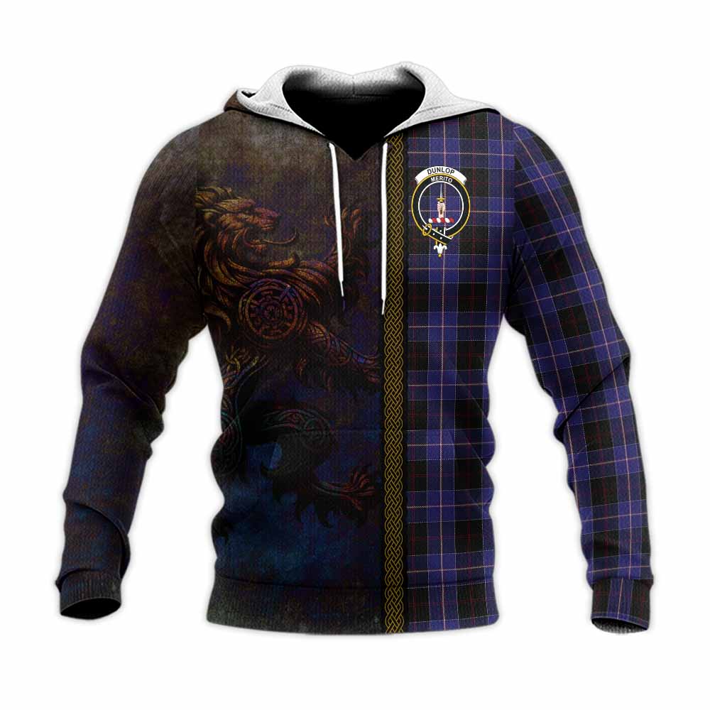 Tartan Vibes Clothing Dunlop Tartan Family Crest Knitted Hoodie Alba Gu Brath Be Brave Lion Ancient Style