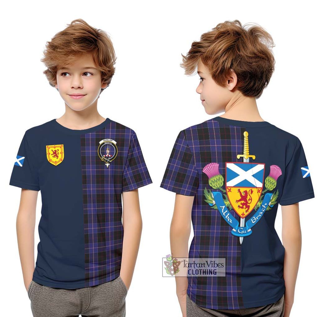 Tartan Vibes Clothing Dunlop Tartan Kid T-Shirt with Scottish Lion Royal Arm Half Style