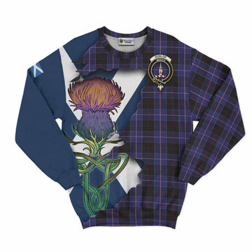 Tartan Vibes Clothing Dunlop Tartan Family Crest Sweatshirt Scottish Thistle Celtic Inspired