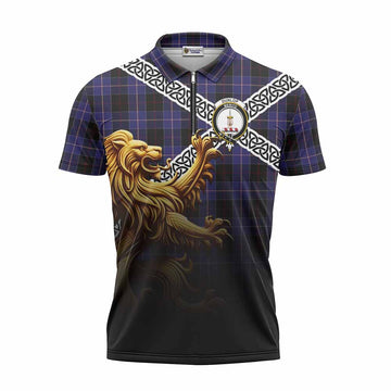 Dunlop Crest Tartan Zipper Polo Shirt with Golden Lion Emblem Celtic Style