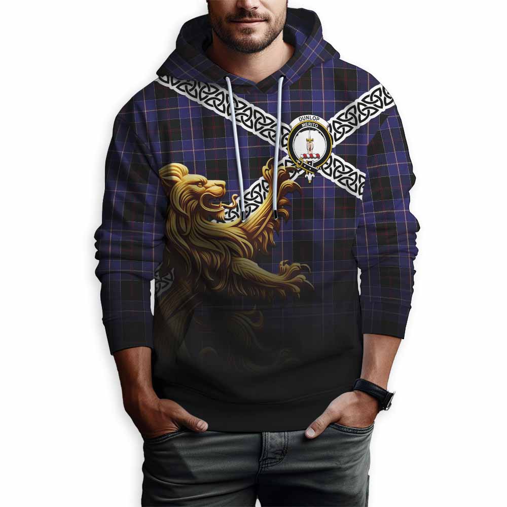 Tartan Vibes Clothing Dunlop Crest Tartan Hoodie with Golden Lion Emblem Celtic Style