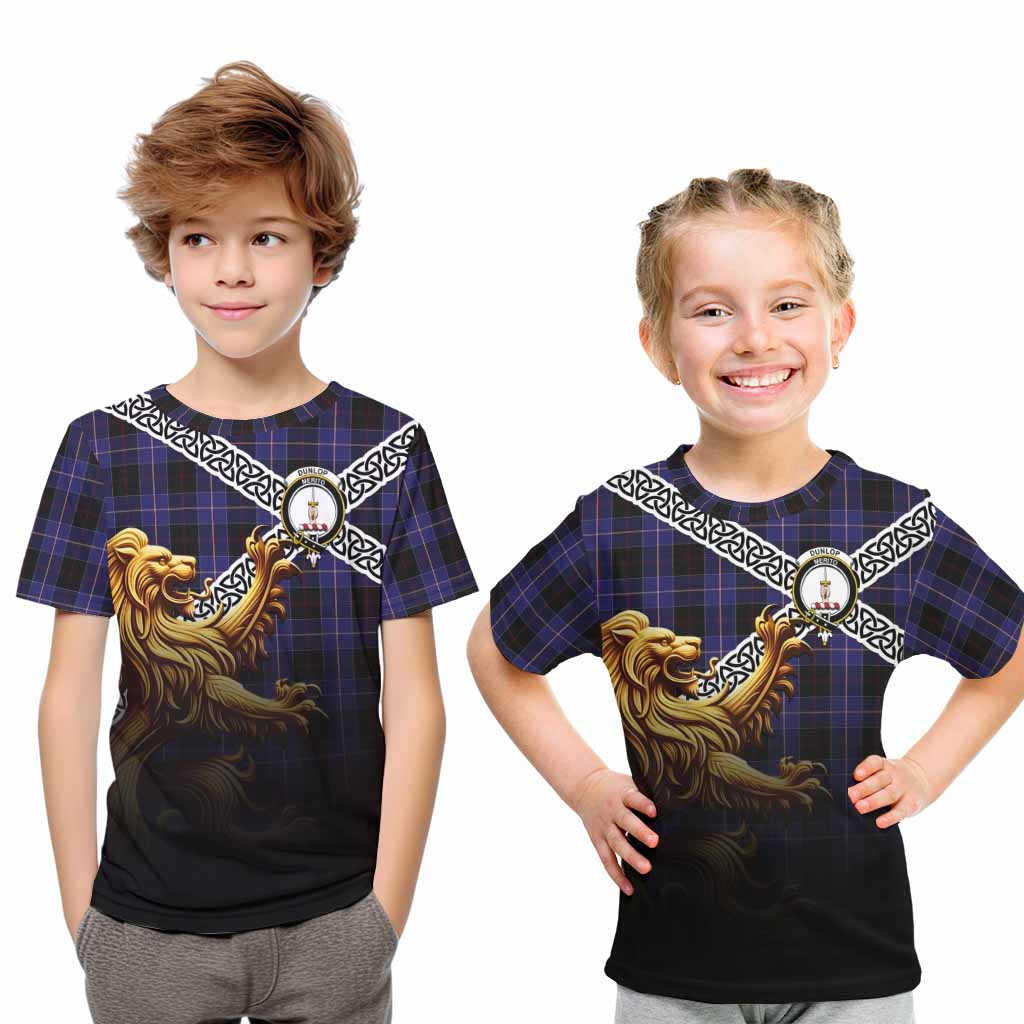 Tartan Vibes Clothing Dunlop Crest Tartan Kid T-Shirt with Golden Lion Emblem Celtic Style
