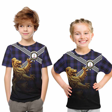 Dunlop Crest Tartan Kid T-Shirt with Golden Lion Emblem Celtic Style
