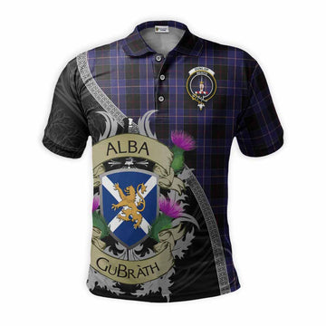 Dunlop Tartan Family Crest Polo Shirt Lion Rampant Royal Thistle Shield Celtic Inspired