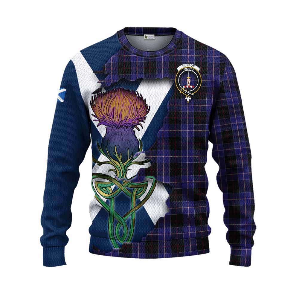 Tartan Vibes Clothing Dunlop Tartan Family Crest Knitted Sweater Scottish Thistle Celtic Inspired
