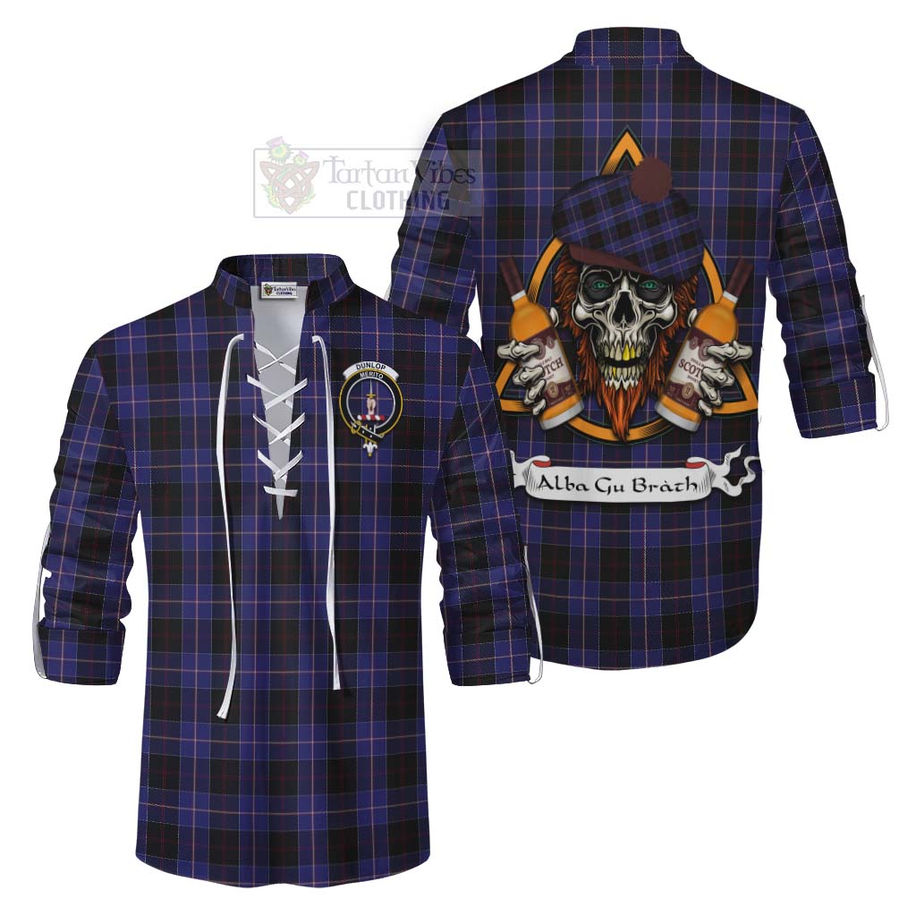 Tartan Vibes Clothing Dunlop Tartan Ghillie Kilt Shirt with Family Crest and Bearded Skull Holding Bottles of Whiskey