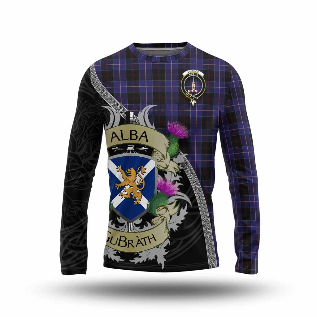 Tartan Vibes Clothing Dunlop Tartan Family Crest Long Sleeve T-Shirt Lion Rampant Royal Thistle Shield Celtic Inspired