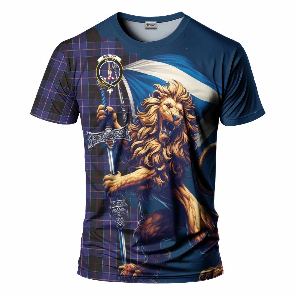 Tartan Vibes Clothing Dunlop Tartan Family Crest T-Shirt with Scottish Majestic Lion