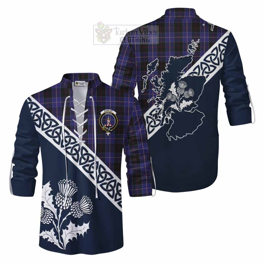 Tartan Vibes Clothing Dunlop Tartan Ghillie Kilt Shirt Featuring Thistle and Scotland Map