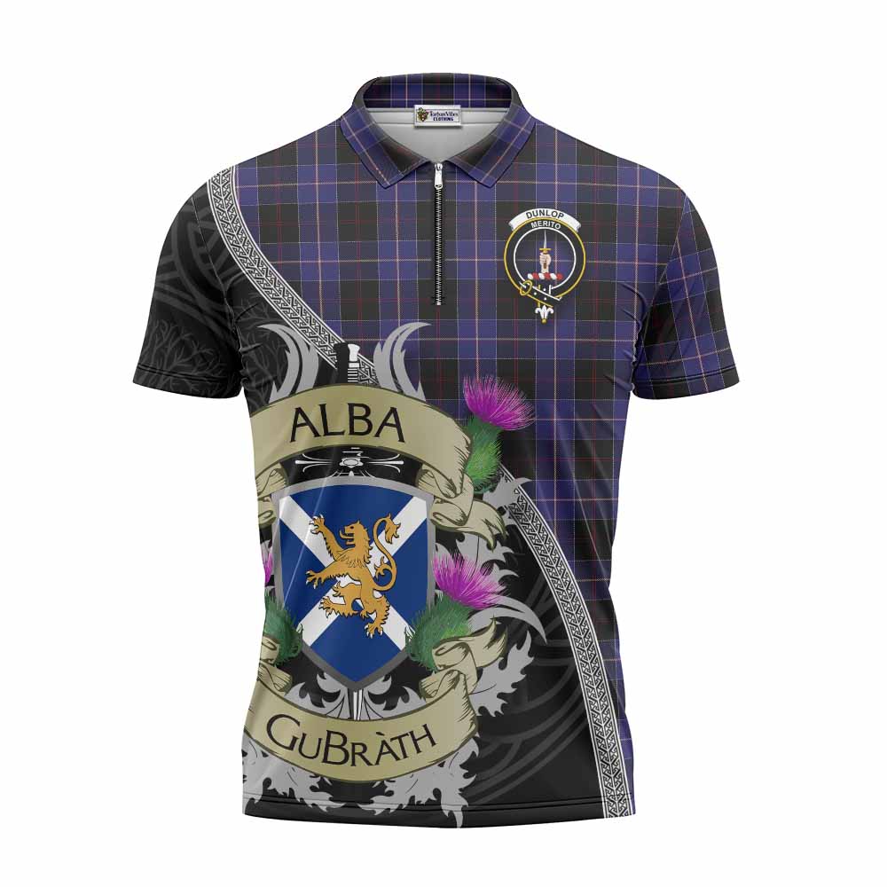 Tartan Vibes Clothing Dunlop Tartan Family Crest Zipper Polo Shirt Lion Rampant Royal Thistle Shield Celtic Inspired