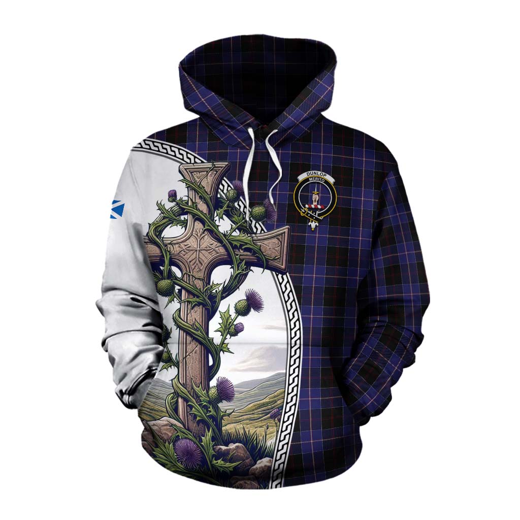 Tartan Vibes Clothing Dunlop Tartan Cotton Hoodie with Family Crest and St. Andrew's Cross Accented by Thistle Vines