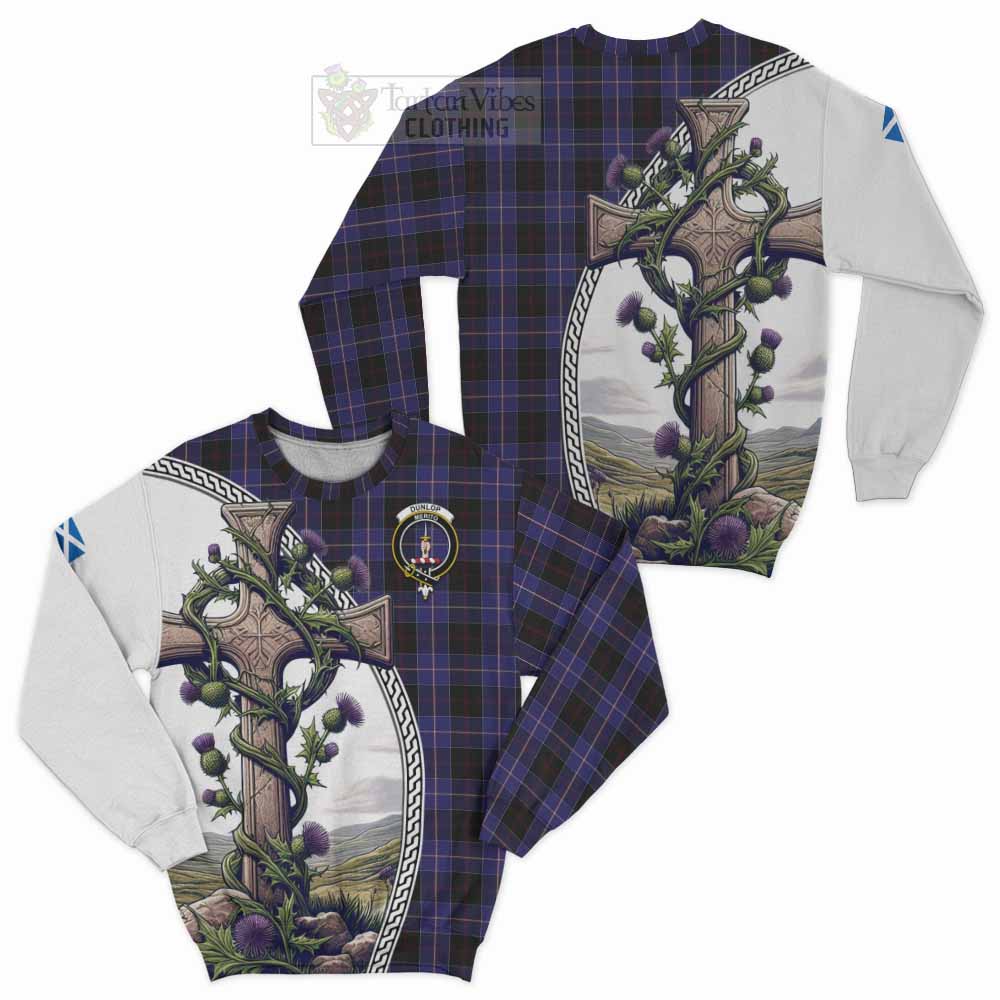 Tartan Vibes Clothing Dunlop Tartan Sweatshirt with Family Crest and St. Andrew's Cross Accented by Thistle Vines