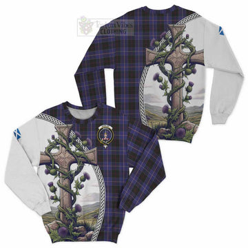 Tartan Vibes Clothing Dunlop Tartan Sweatshirt with Family Crest and St. Andrew's Cross Accented by Thistle Vines