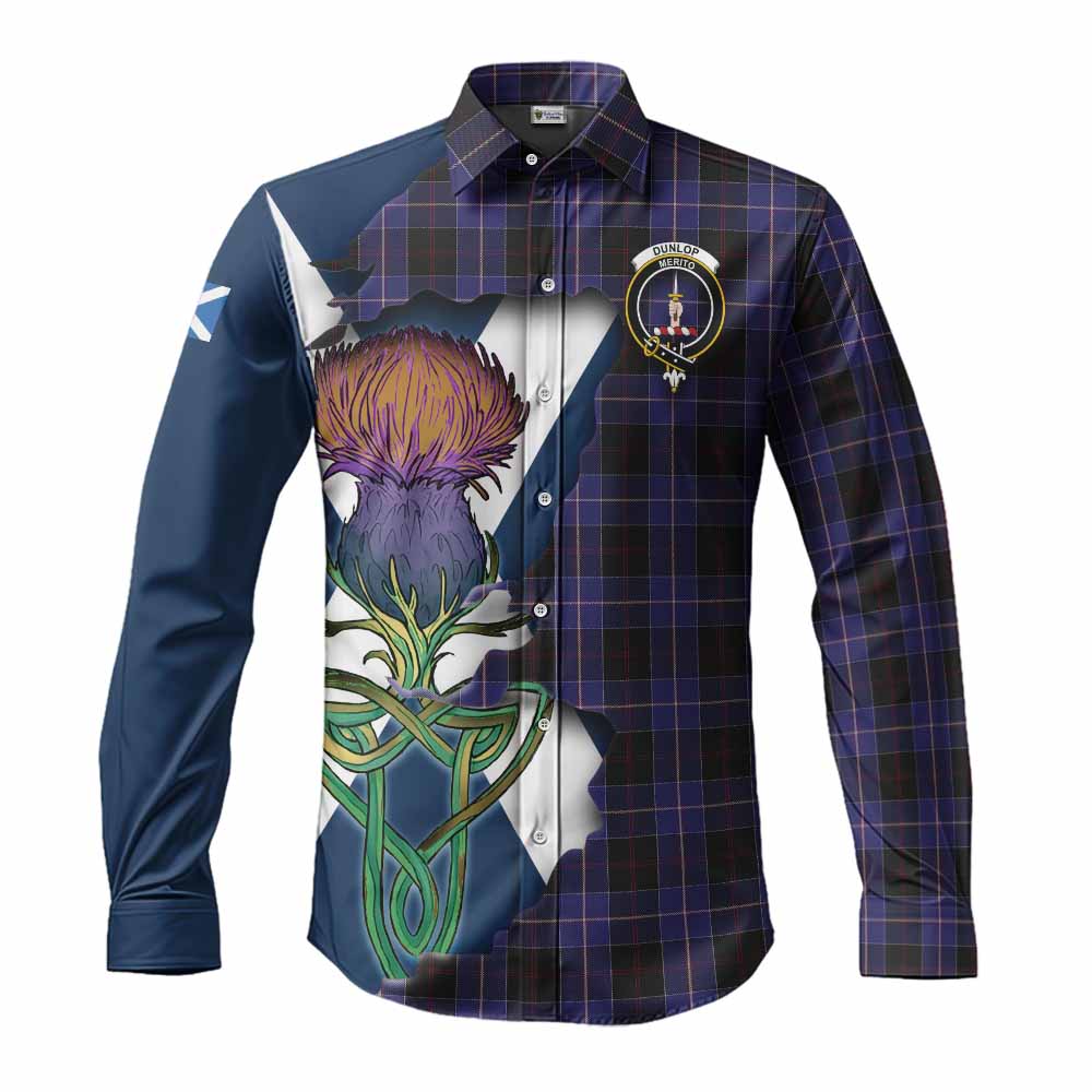 Tartan Vibes Clothing Dunlop Tartan Family Crest Long Sleeve Button Shirt Scottish Thistle Celtic Inspired