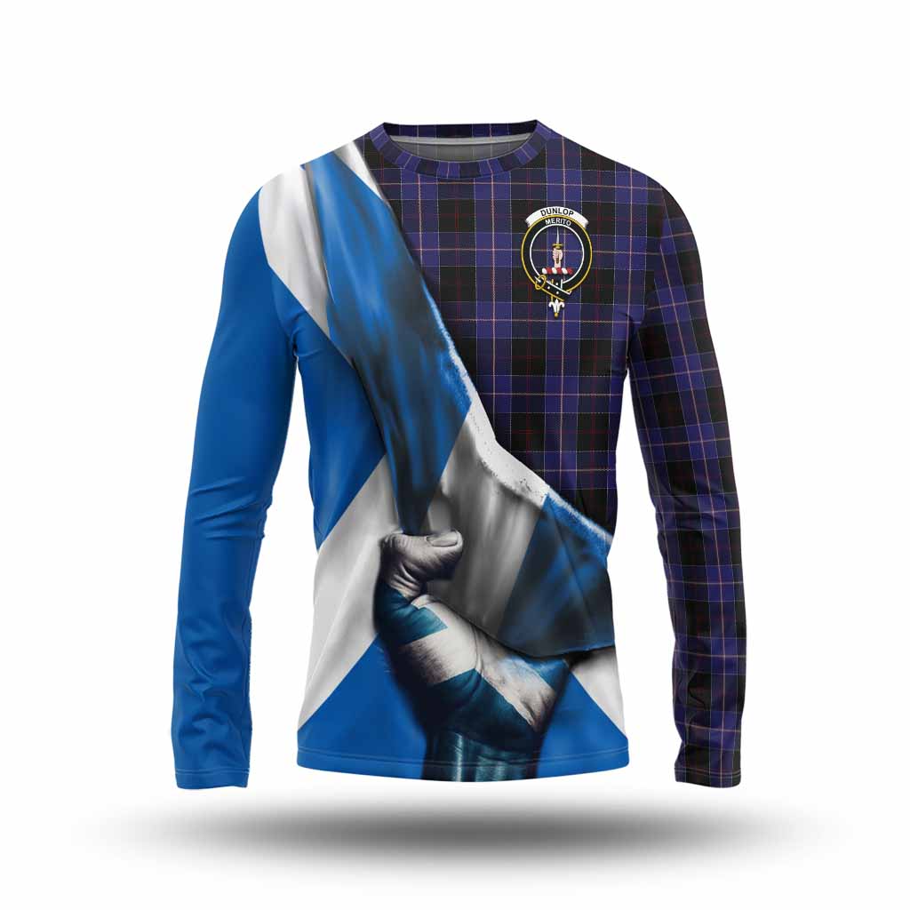 Tartan Vibes Clothing Dunlop Tartan Long Sleeve T-Shirt with Family Crest Scotland Patriotic Style