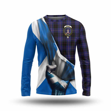Tartan Vibes Clothing Dunlop Tartan Long Sleeve T-Shirt with Family Crest Scotland Patriotic Style