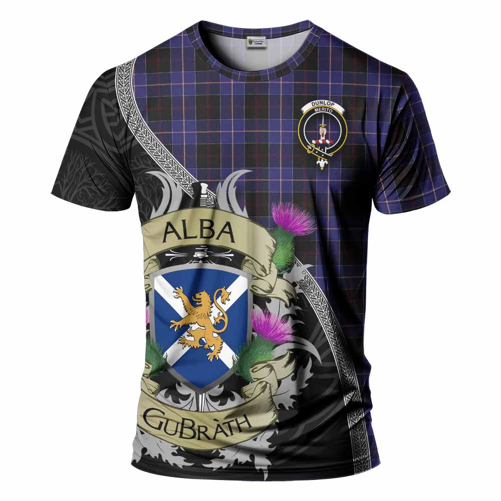 Tartan Vibes Clothing Dunlop Tartan Family Crest T-Shirt Lion Rampant Royal Thistle Shield Celtic Inspired