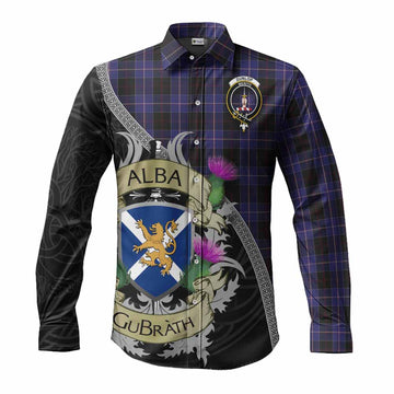 Dunlop Tartan Family Crest Long Sleeve Button Shirt Lion Rampant Royal Thistle Shield Celtic Inspired