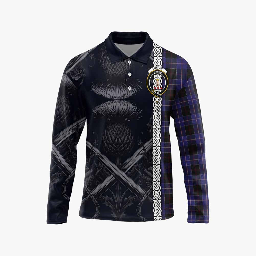 Tartan Vibes Clothing Dunlop Tartan Long Sleeve Polo Shirt with Family Crest Cross Sword Thistle Celtic Vibes