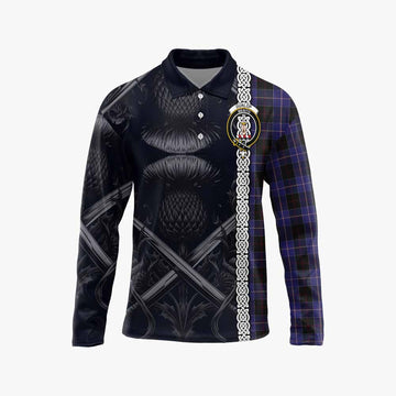 Tartan Vibes Clothing Dunlop Tartan Long Sleeve Polo Shirt with Family Crest Cross Sword Thistle Celtic Vibes