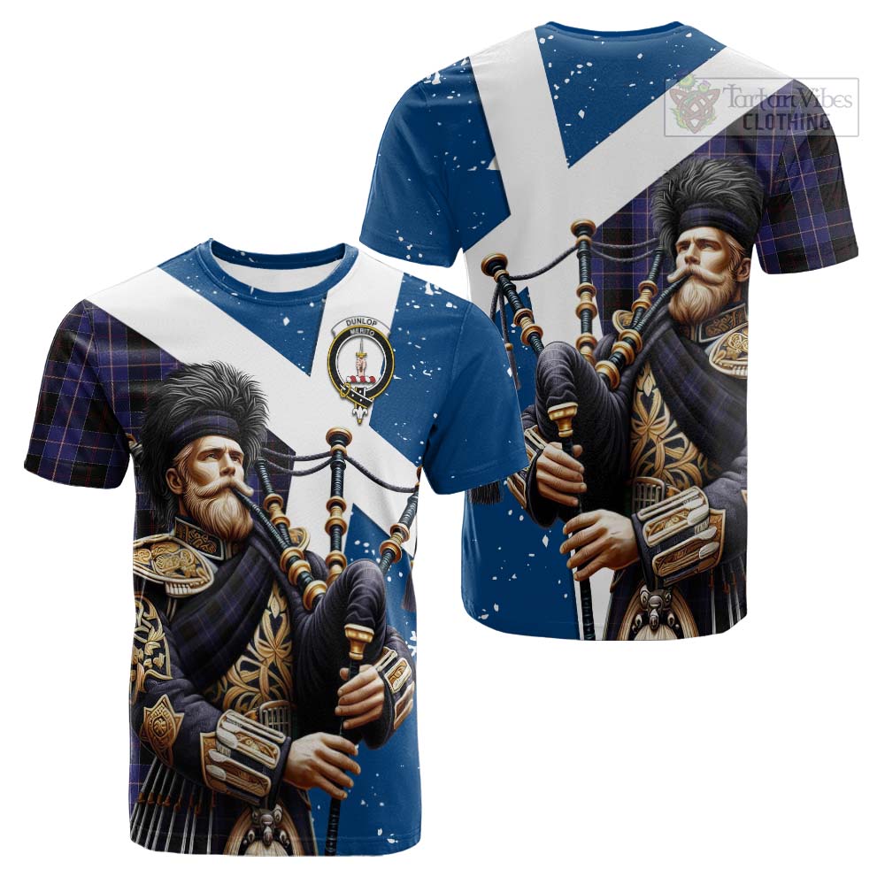 Tartan Vibes Clothing Dunlop Tartan Cotton T-shirt with Family Crest Scottish Bagpiper Vibes