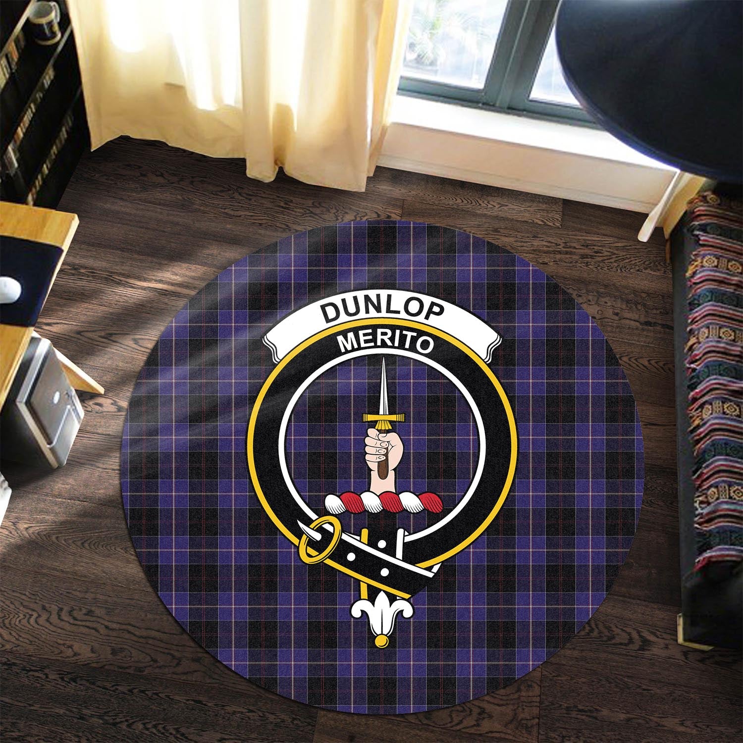 Dunlop Tartan Round Rug with Family Crest - Tartanvibesclothing
