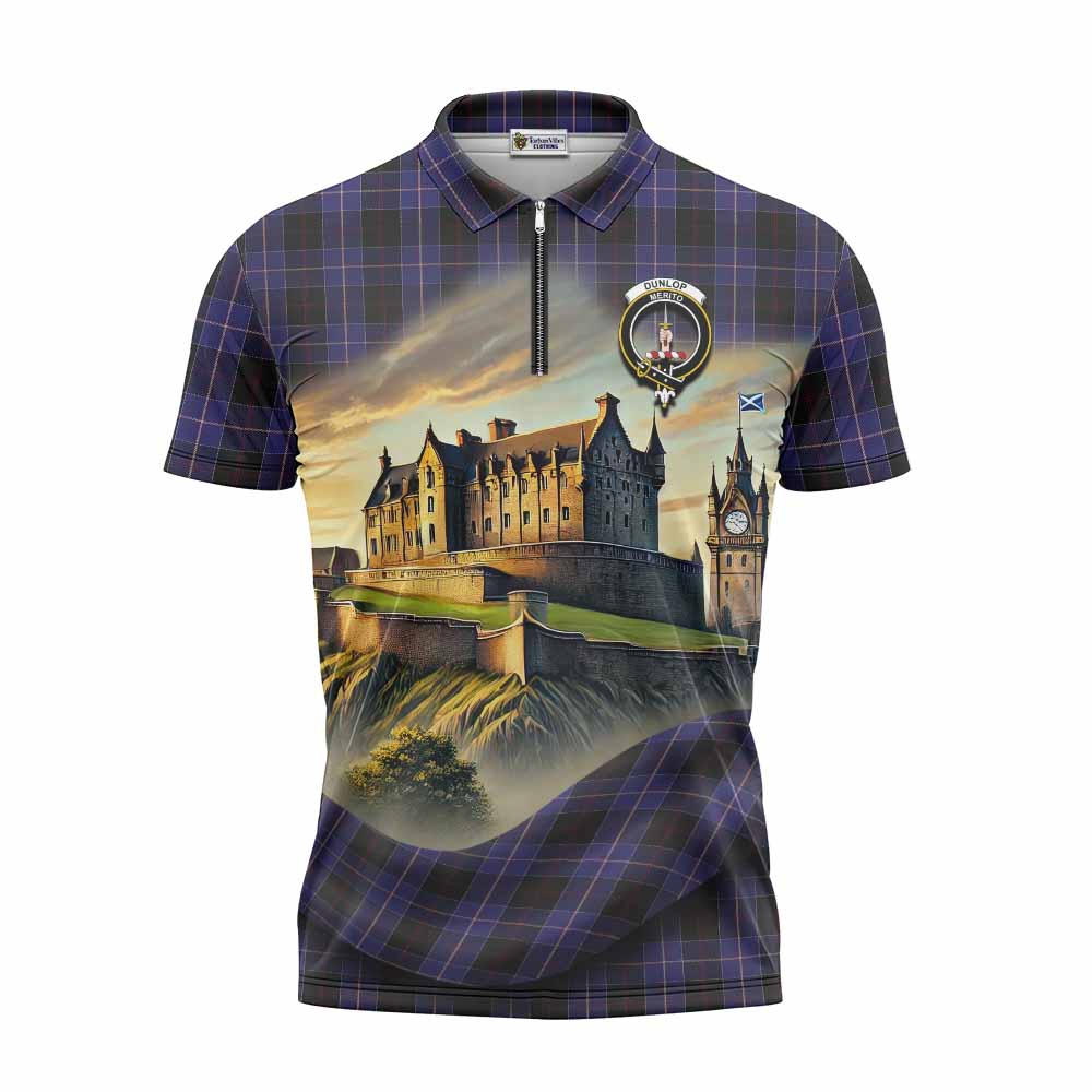 Tartan Vibes Clothing Dunlop Tartan Family Crest Zipper Polo Shirt with Scottish Ancient Castle Stype