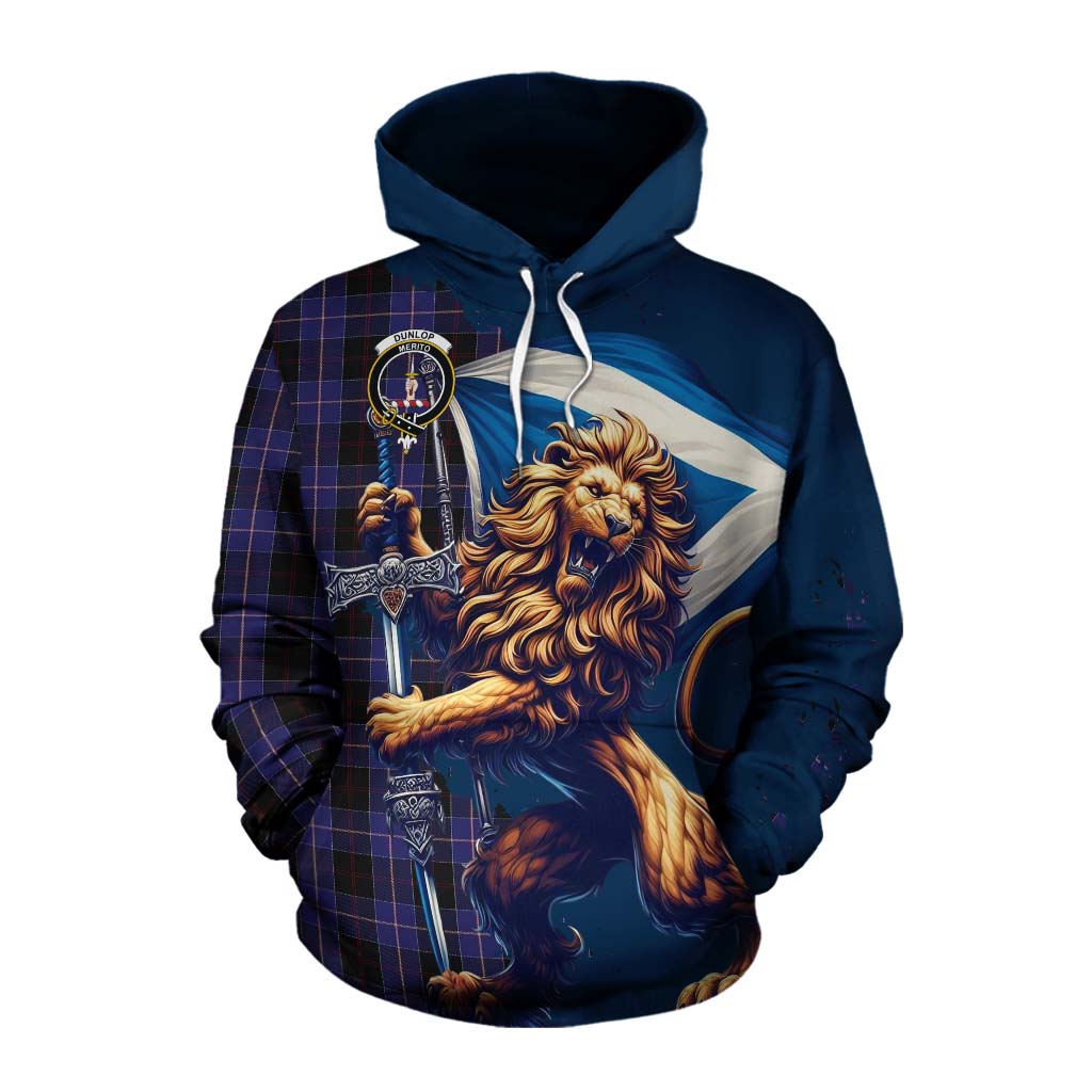 Tartan Vibes Clothing Dunlop Tartan Family Crest Cotton Hoodie with Scottish Majestic Lion