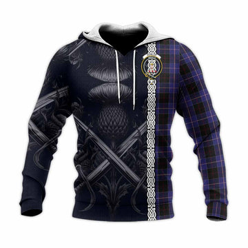Dunlop Tartan Knitted Hoodie with Family Crest Cross Sword Thistle Celtic Vibes