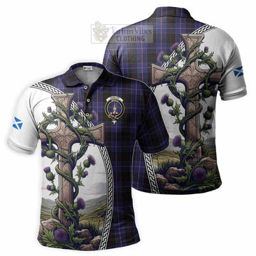 Dunlop Tartan Polo Shirt with Family Crest and St. Andrew's Cross Accented by Thistle Vines