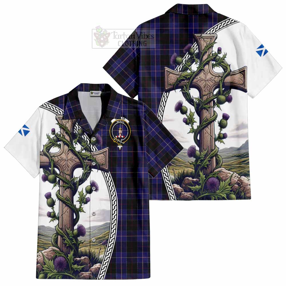 Tartan Vibes Clothing Dunlop Tartan Short Sleeve Button Shirt with Family Crest and St. Andrew's Cross Accented by Thistle Vines