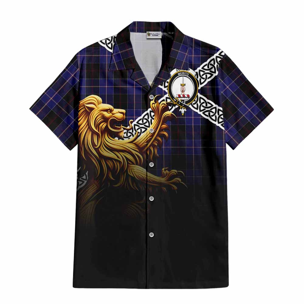 Tartan Vibes Clothing Dunlop Crest Tartan Short Sleeve Button Shirt with Golden Lion Emblem Celtic Style