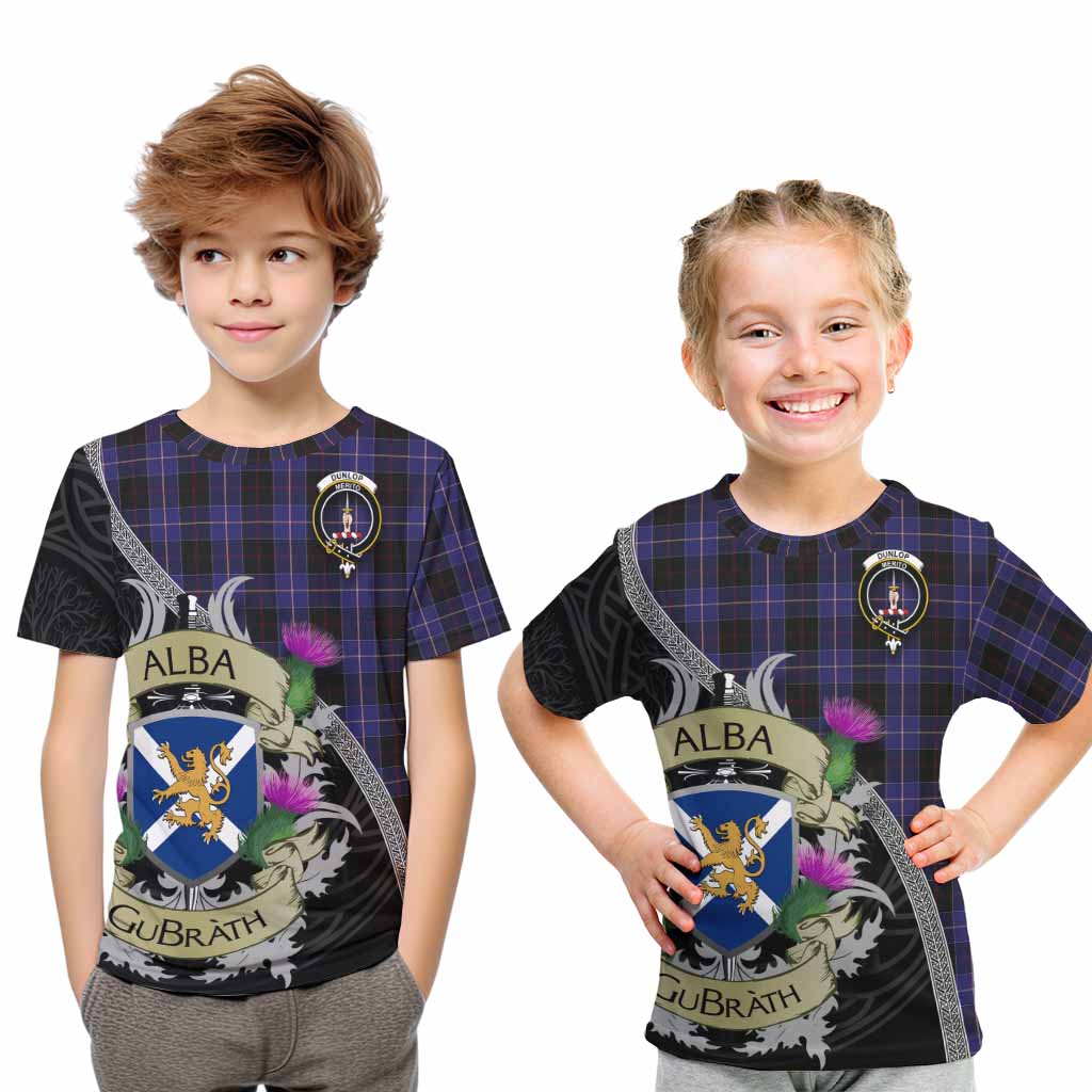 Tartan Vibes Clothing Dunlop Tartan Family Crest Kid T-Shirt Lion Rampant Royal Thistle Shield Celtic Inspired